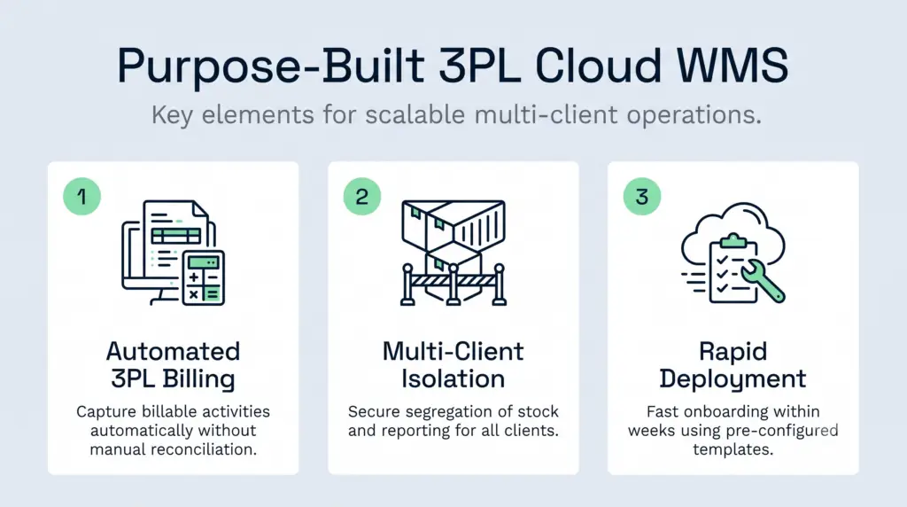 An educational infographic titled purpose-built 3pl cloud wms detailing key elements for scalable multi-client operations. It features a three-column layout highlighting the core benefits of automated 3pl billing, multi-client isolation, and rapid deployment, each accompanied by a simple line-art icon and a brief description.